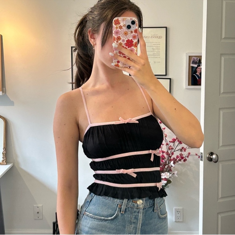 Urban Outfitters New with tags Black and Pink Women's Top with bow trim (M)